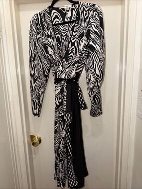 Diane Von Furstenberg Black and White Zebra-Print Wrap Midi Dress